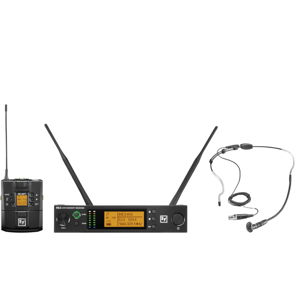 RE3-BPHW UHF wireless set containing the HW3 supercardioid headworn microphone